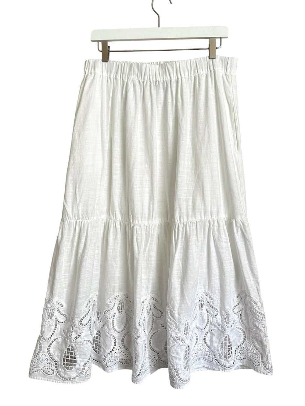 Talbots Linen Cotton White Tiered Maxi Skirt Cutwork Lace Medium